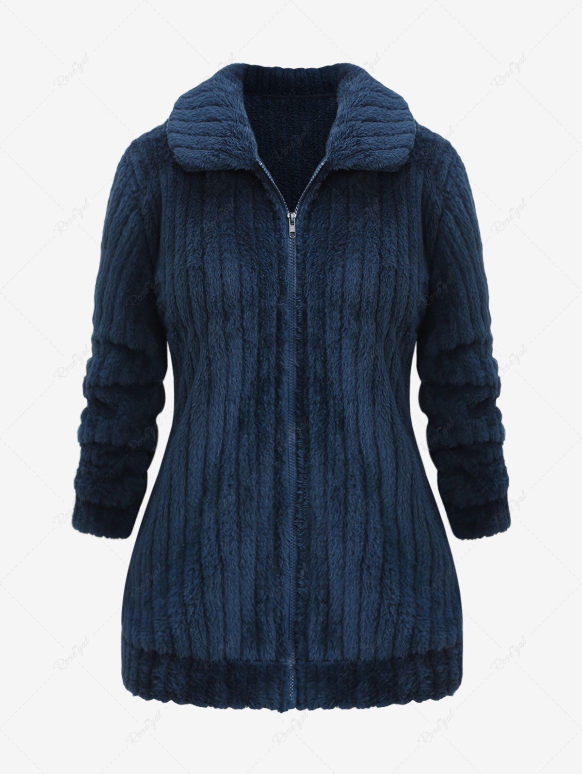 Hot Plus Size Zip Up Textured Ribbed Shirt Collar Fluffy Coat  