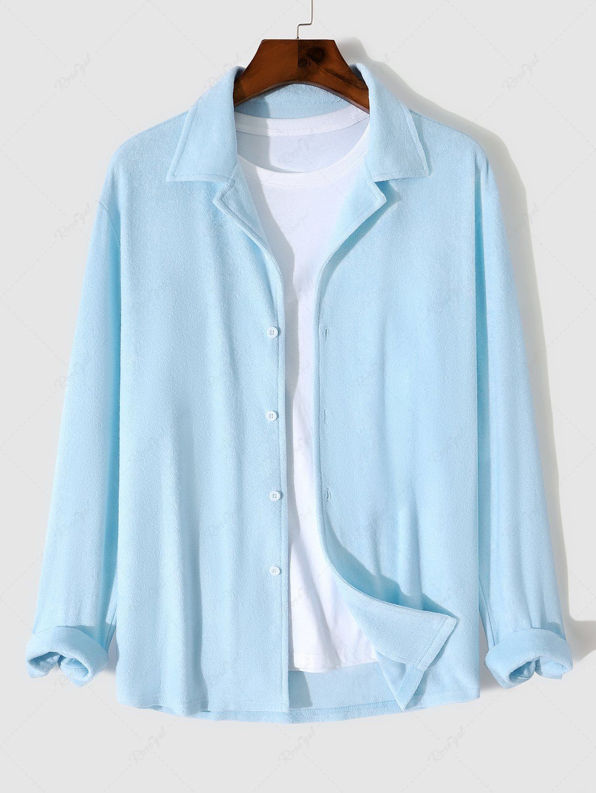 Shop Men's Daily Solid Color Terry Cloth Lapel Collar Button Up Long Sleeve Shirt  