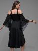 Robe Mi-Longue Gothique Haute Basse Epaule Dénudée à Manches Evasées - Noir 1X | US 14-16