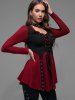 Plus Size Lace Up Grommet Ruffles Colorblock Long Sleeves Tee -  