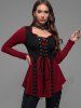 Plus Size Lace Up Grommet Ruffles Colorblock Long Sleeves Tee -  