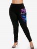 Plus Size Flower Leaf Glitter Print Leggings -  