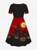 Plus Size Halloween Pumpkin Bat Moon Cat Print Cinched Dress -  