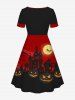 Plus Size Halloween Pumpkin Bat Moon Cat Print Cinched Dress -  
