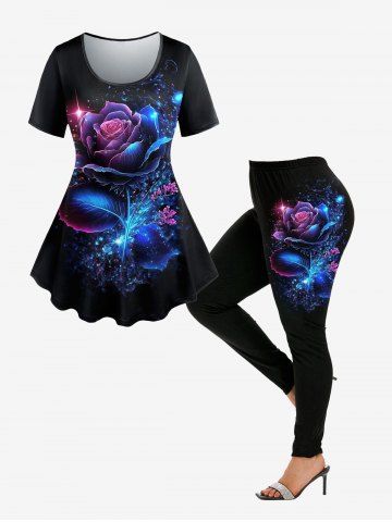 Galaxy Flower Glitter Printed T-shirt and Leggings Plus Size Matching Set