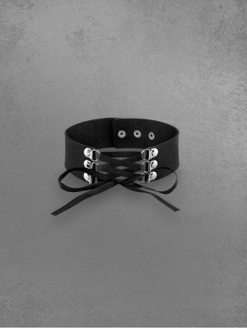 Gothic Vintage Punk PU Leather Lace Up Choker Necklace - BLACK