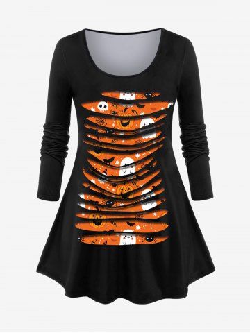 T-shirt D'Halloween Déchiré 3D Citrouille Fantôme et Chauve-souris Imprimés de Grande Taille