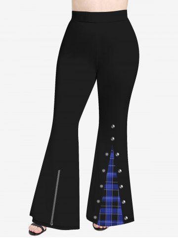 Pantalon Evasé 3D Zippé Imprimé à Carreaux avec Bouton de Grande Taille - BLACK - S