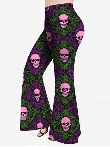 Plus Size Halloween Skulls Colorblock Floral Figure Print Flare Pants