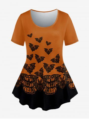 Plus Size Halloween Colorblock Pumpkin Bat Print T-shirt