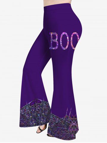 Plus Size Halloween Sparkling Sequin Letters Spider Web Print Flare Pants - CONCORD - 2X