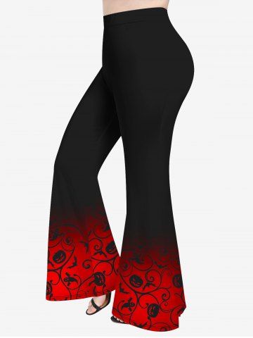 Pantalon Evasé D'Halloween Citrouille Chauve-souris Imprimés en Blocs de Couleurs de Grande Taille - RED - 6X
