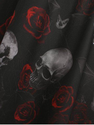 Plus Size Gothic Skull Rose Print Mesh Bell Sleeves Cold Shoulder Dress