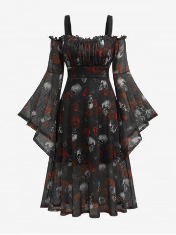 Plus Size Skull Rose Print Mesh Bell Sleeves Cold Shoulder Dress - BLACK - 2X | US 18-20