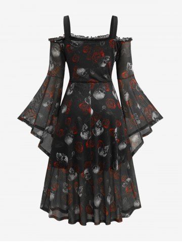Plus Size Gothic Skull Rose Print Mesh Bell Sleeves Cold Shoulder Dress