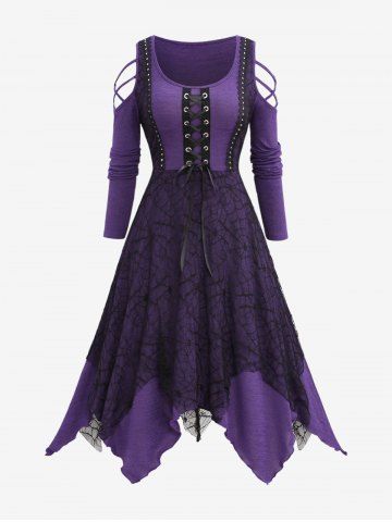 Plus Size Grommet Lace Up Spider Web Mesh Cold Shoulder Braided Sleeves Dress - PURPLE - 2X | US 18-20