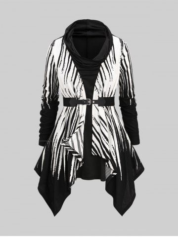 Plus Size White Black Stripes Zebra Print Ruched Belt Handkerchief T-shirt - BLACK - M | US 10