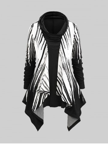 Plus Size White Black Stripes Zebra Print Ruched Belt Handkerchief T-shirt