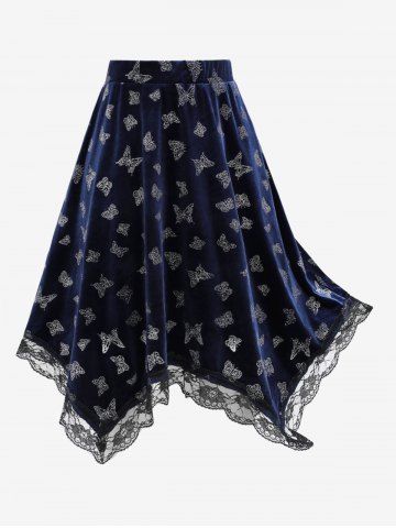 Plus Size Floral Lace Trim Butterfly Silver Stamping Velvet Skirt - DEEP BLUE - L | US 12