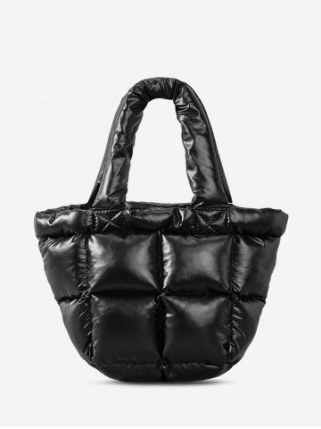 Women's Fashion Daily Streetwear Solid Color Down Padded Quilted Puffer Design Shoulder Tote Bag - BLACK