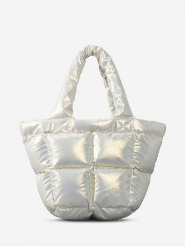 Women's Fashion Daily Streetwear Solid Color Down Padded Quilted Puffer Design Shoulder Tote Bag - CRYSTAL CREAM