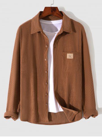 Men's Solid Color Front Pocket Applique Patched Design Button Front Corduroy Long Sleeves Shacket - COFFEE - S