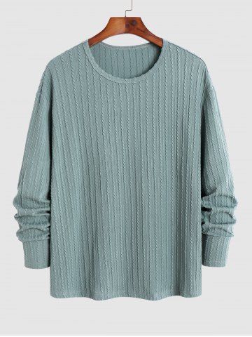 Crew Neck Textured Long Sleeves T Shirt - GREEN - XL