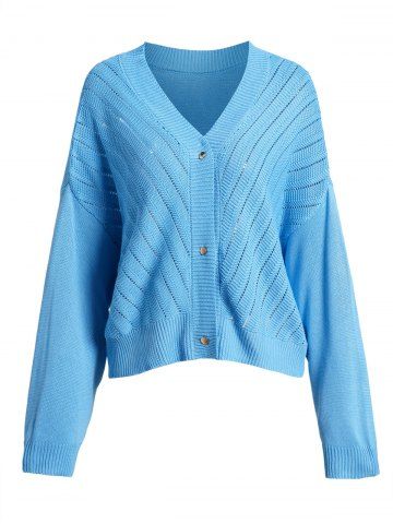 Pointelle Knit Cropped Long Sleeve V Neck Cardigan - LIGHT BLUE - M