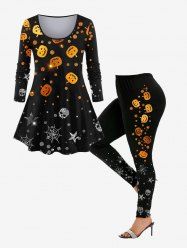 Pumpkin Skull Star Spider Web Glitter Printed Halloween T-shirt and Leggings Plus Size Matching Set -  