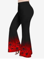 Pantalon Evasé D'Halloween Citrouille Chauve-souris Imprimés en Blocs de Couleurs de Grande Taille - Rouge XS