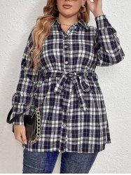 Plus Size Plain Print Belt Button Long Sleeve Casual Shirt -  