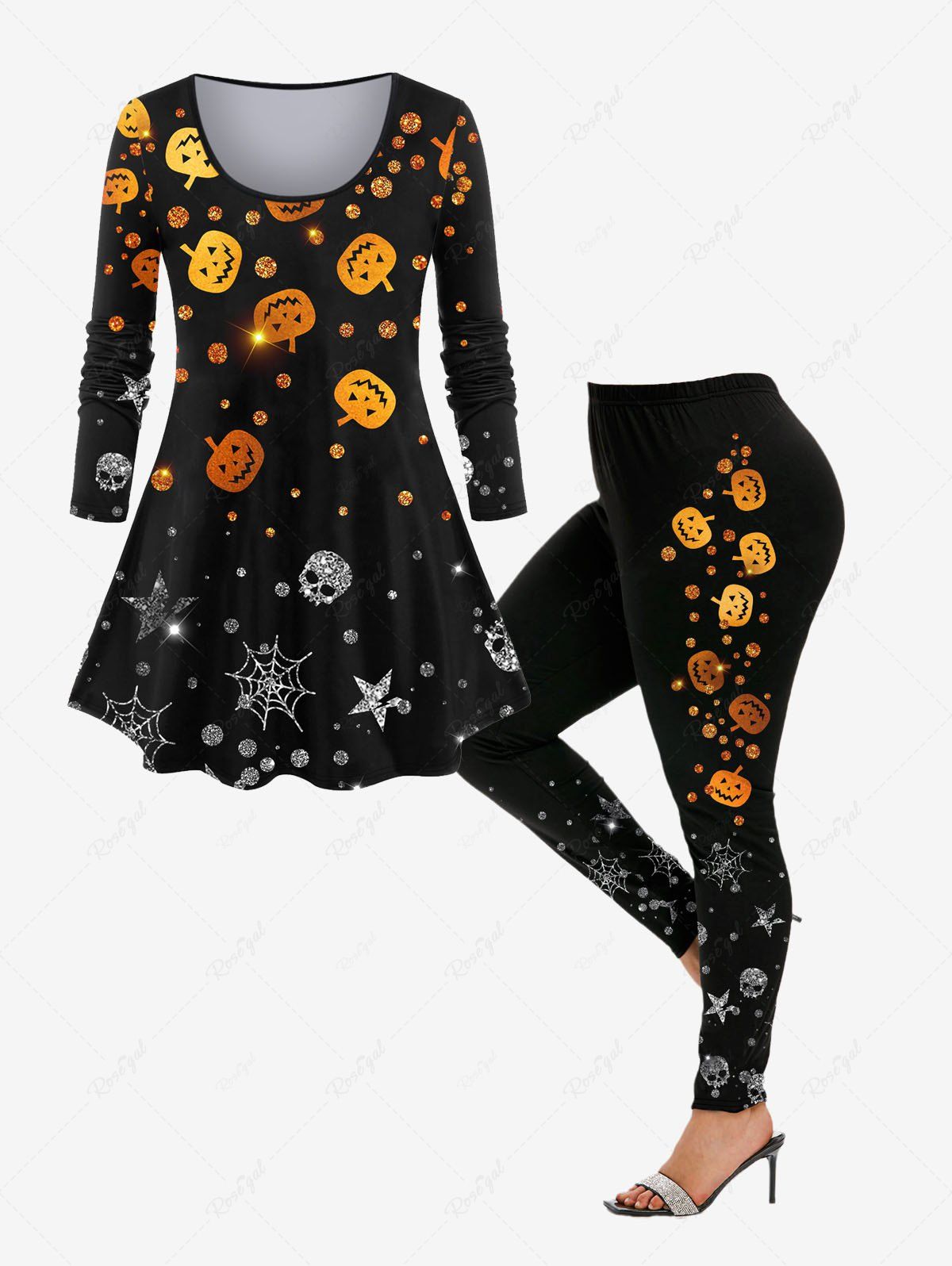 Affordable Pumpkin Skull Star Spider Web Glitter Printed Halloween T-shirt and Leggings Plus Size Matching Set  