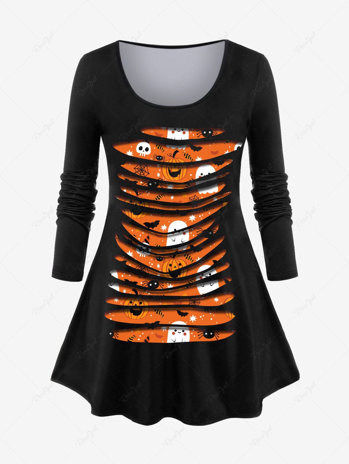 Store Plus Size 3D Ripped Pumpkin Ghost Skull Bat Print Halloween T-shirt  