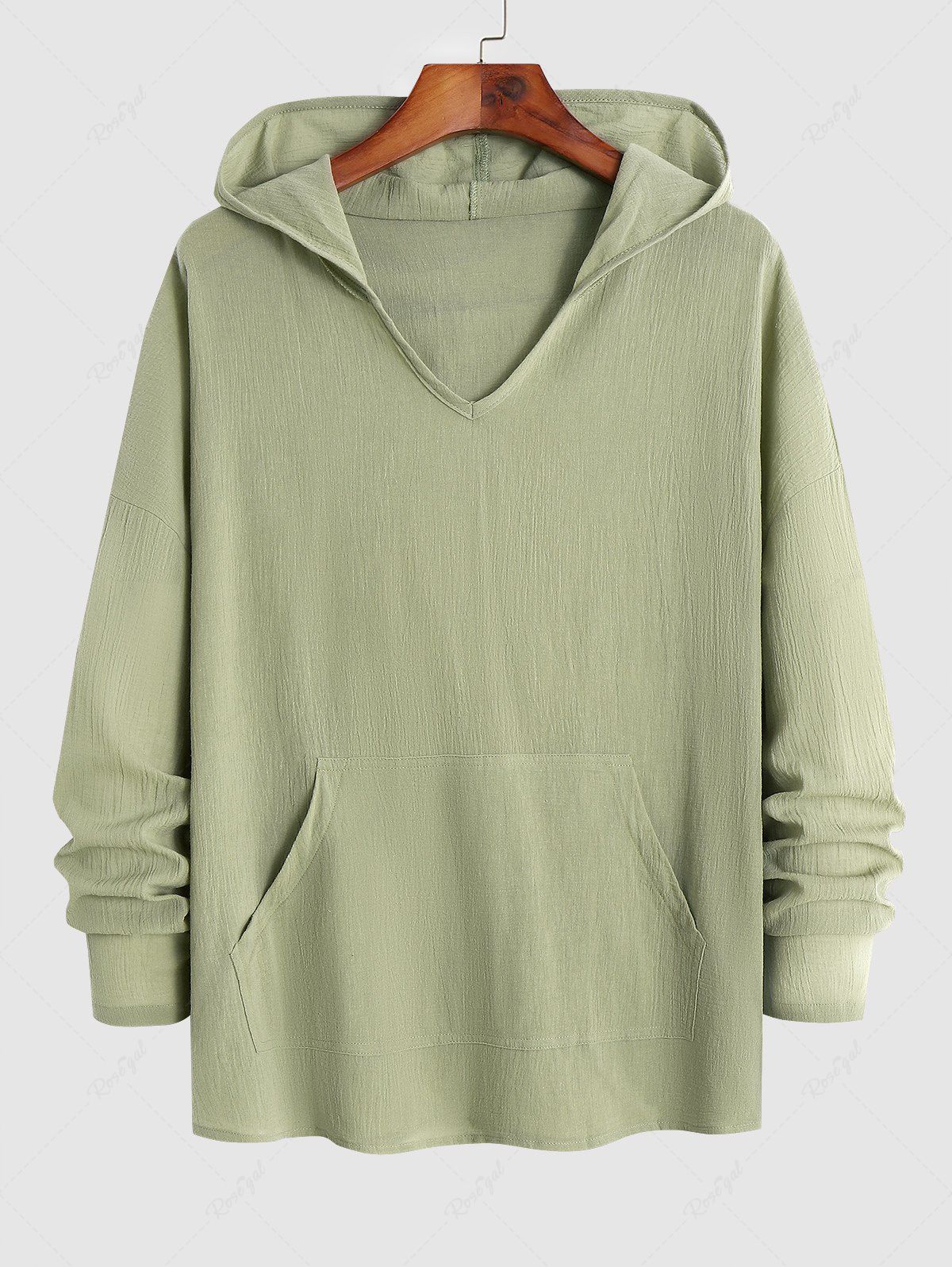 Shop Men's Cotton and Linen Textured Kangaroo Pockets Design Long Sleeves Pullover Hooded Shirt  