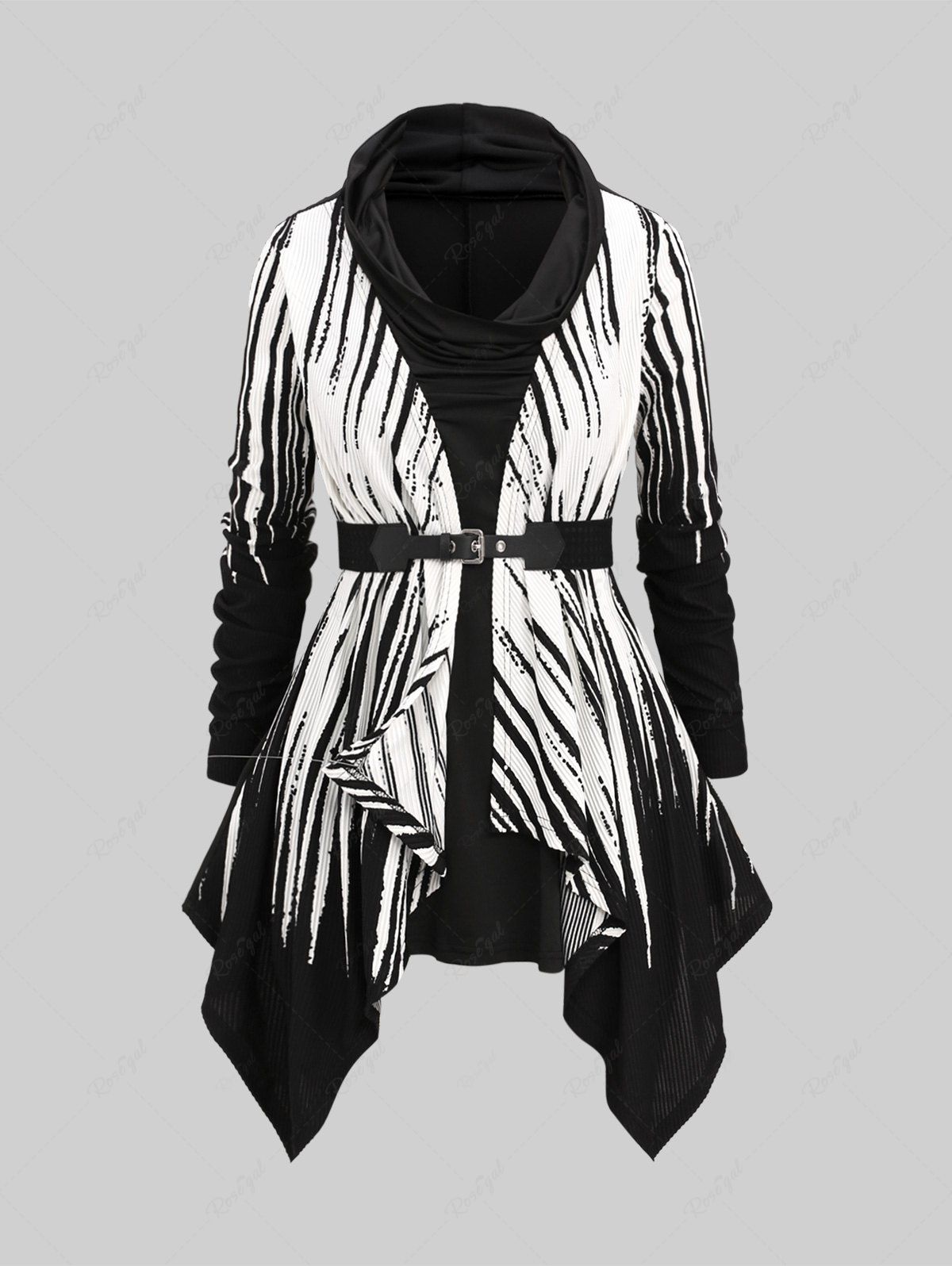 Fancy Plus Size White Black Stripes Zebra Print Ruched Belt Handkerchief T-shirt  