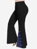 Pantalon Evasé 3D Zippé Imprimé à Carreaux avec Bouton de Grande Taille - Noir 6X