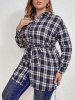 Plus Size Plain Print Belt Button Long Sleeve Casual Shirt -  