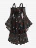 Plus Size Gothic Skull Rose Print Mesh Bell Sleeves Cold Shoulder Dress -  