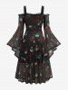 Plus Size Gothic Skull Rose Print Mesh Bell Sleeves Cold Shoulder Dress -  