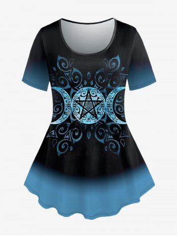 Plus Size Ombre Colorblock Moon Star Floral Figure Print T-shirt - BLACK - 4X