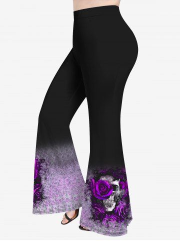 Halloween Plus Size Skull Flower Fog Print Flare Pants - PURPLE - 2X
