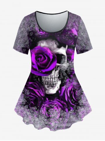 Plus Size Halloween Skull Flower Fog Print T-shirt - PURPLE - 5X