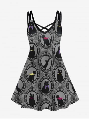 Plus Size Cat Flower Print Crisscross Cami Dress - BLACK - 1X