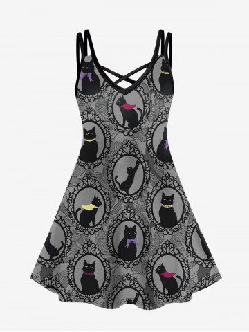 Plus Size Cat Flower Print Crisscross Cami Dress - BLACK - 5X