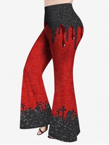 Pantalon Evasé D'Halloween Croisé Peinture Imprimée de Grande Taille à Paillettes - RED - 1X