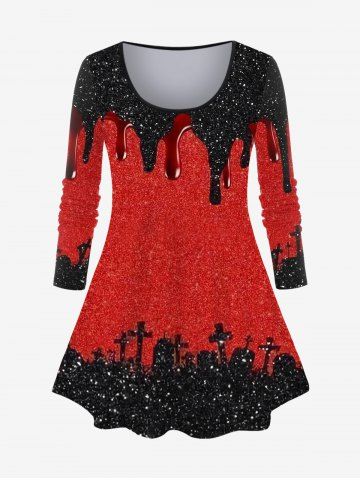 Halloween Plus Size 3D Paint Drop Blobs Sparkling Glitter Cross Print T-shirt - RED - 1X