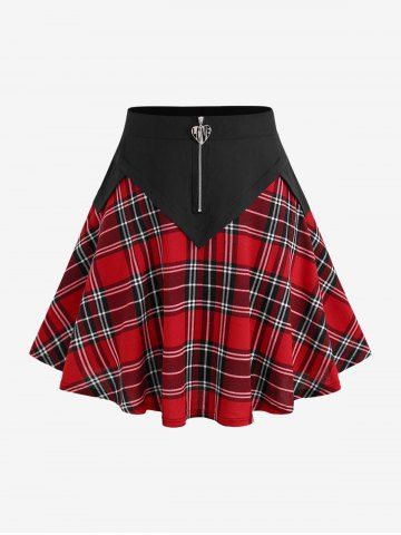 Plus Size Plaid Heart Zipper Ruched Patchwork Skirt - RED - M | US 10