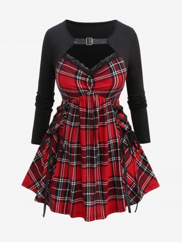 Plus Size Plaid Ruched PU Strap Buckle Lace Up Patchwork 2 in 1 T-shirt - RED - M | US 10