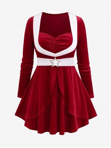 Plus Size Ruffles Ruched Layered Heart Buckle Belted Long Sleeves Velvet Christmas Top - RED - M | US 10