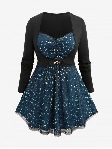 Plus Size Lace Trim Buckle Star Sparkling Sequin Sheer Mesh T-shirt - BLACK - M | US 10